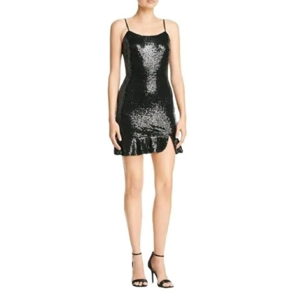 Aqua Womens Black Sequined Flounced Mini Cocktail Dress